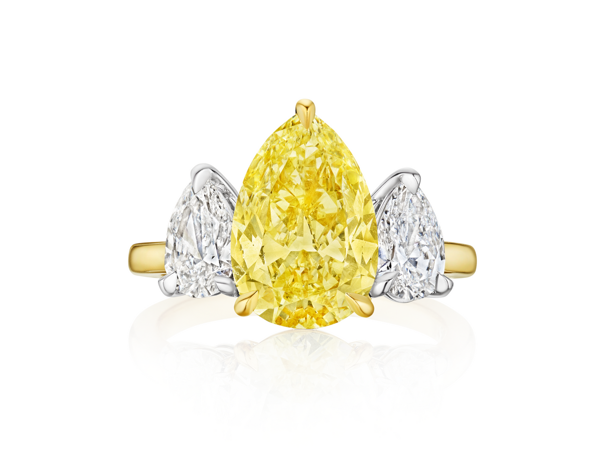 Pear Shape Yellow Diamond Ring with White Diamond Side Stones