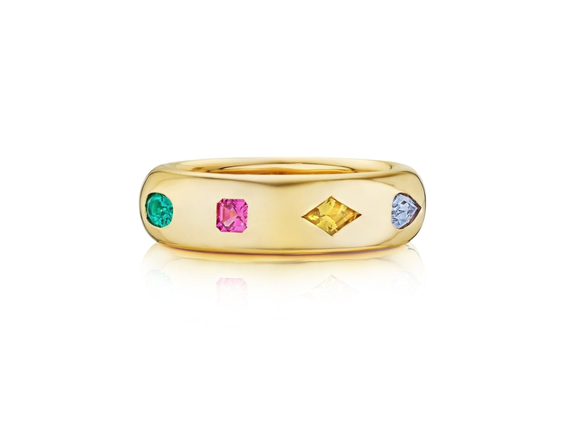 Chroma Stackable Dome Ring in Yellow Gold with Burnish Set Mixed Shape Sapphires and Emeralds