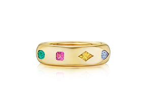 Chroma Stackable Dome Ring in Yellow Gold with Burnish Set Mixed Shape Sapphires and Emeralds