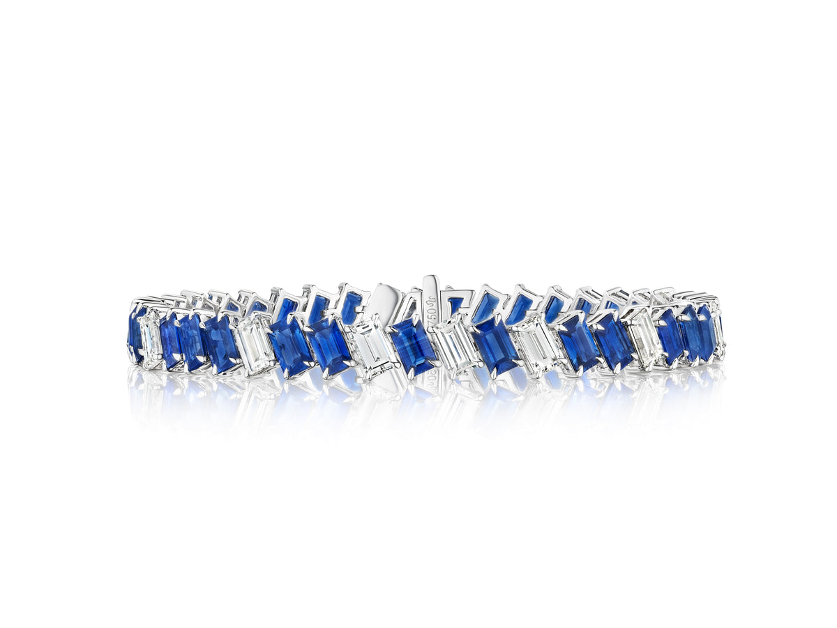 Chroma Empire Diagonally Set Emerald Cut Sapphire and Diamond Tennis Bracelet