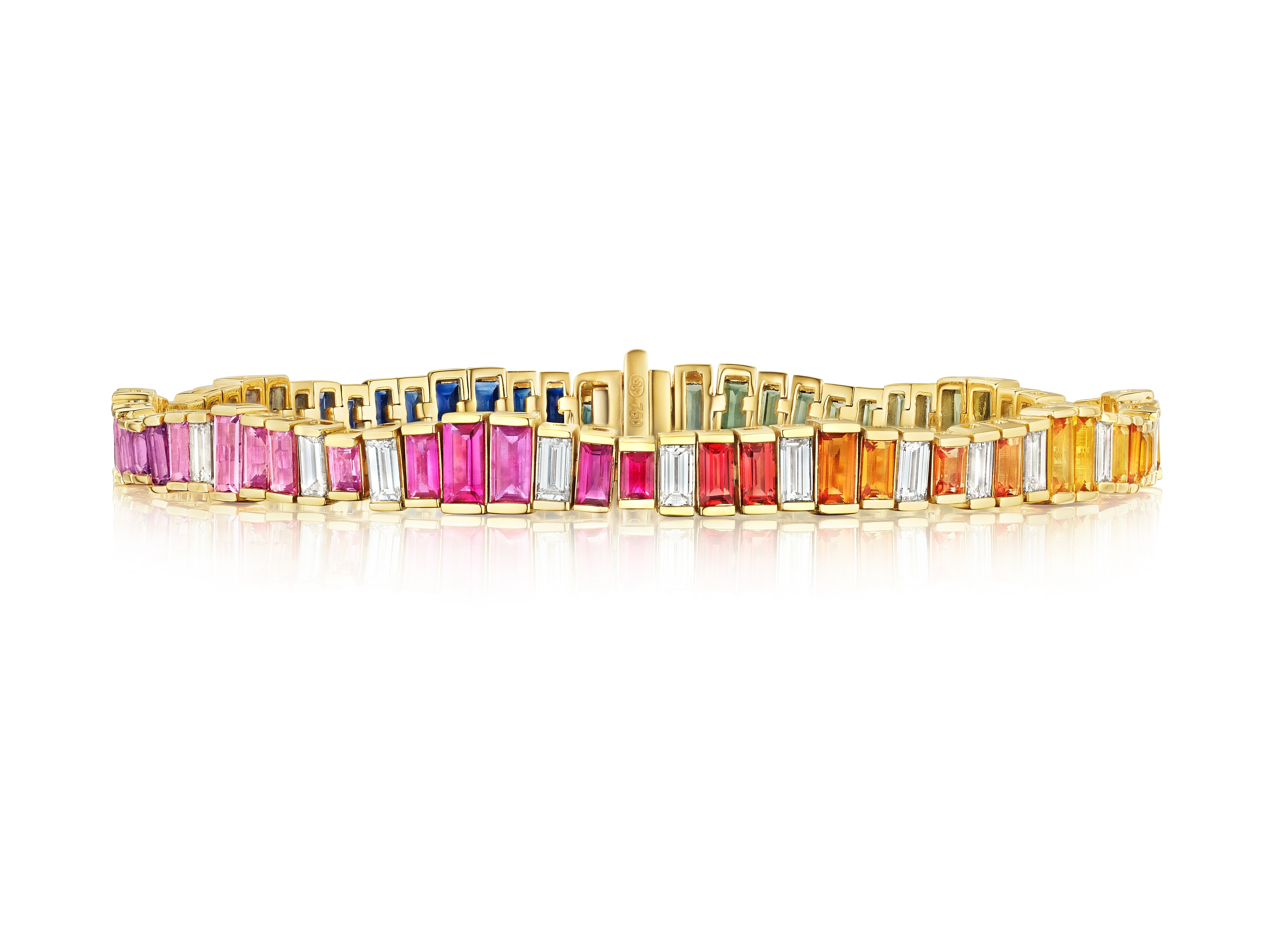 The Chroma Gradient Sapphire and Diamond Baguette Rainbow Tennis Bracelet in Yellow Gold features rectangular, multi-colored sapphires and diamonds set in a gradient from blue to yellow against a white background.