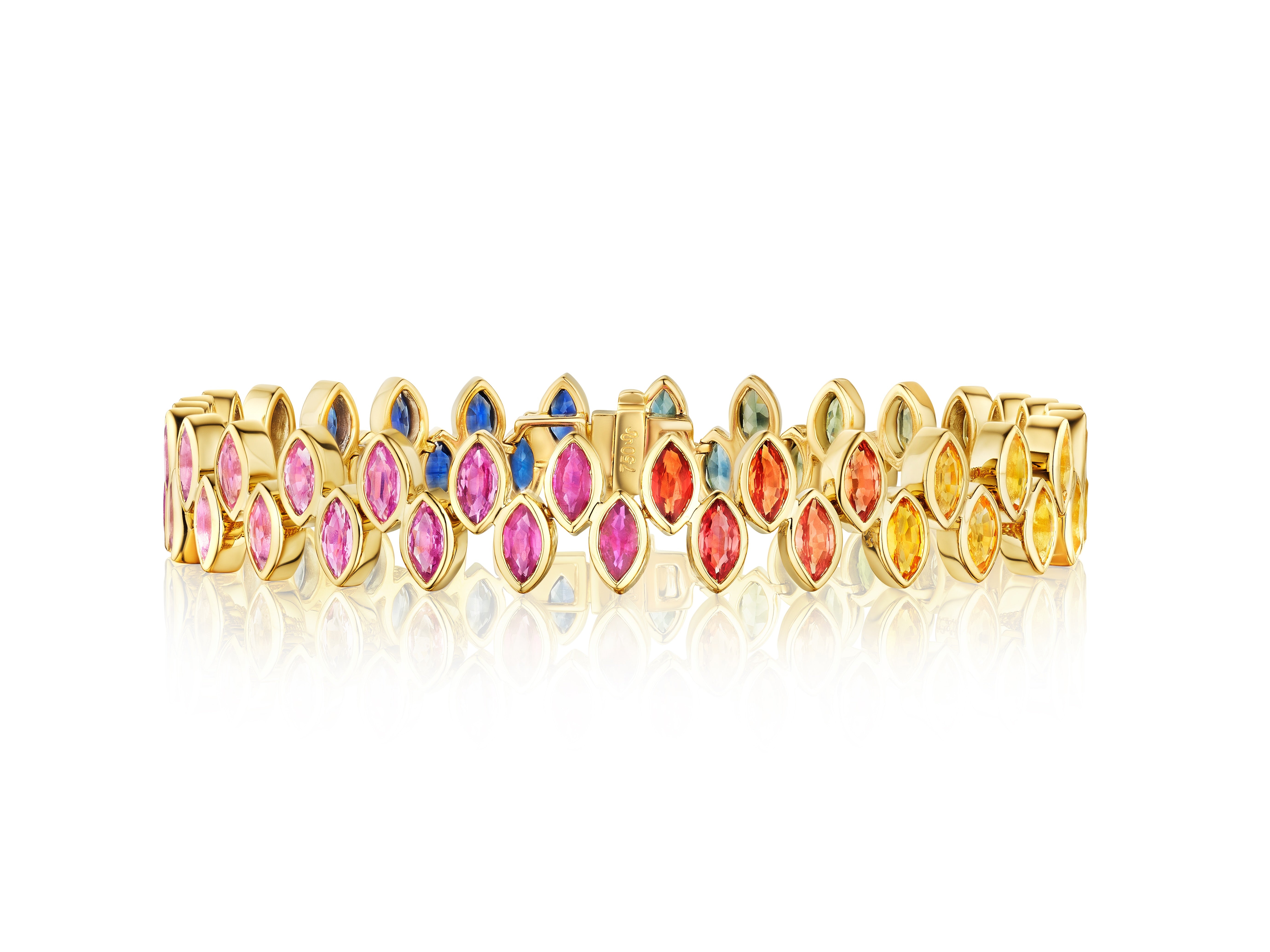 The Chroma Marching Alternating Bezel Set Marquise Sapphire Tennis Bracelet in Yellow Gold showcases pink, yellow, orange, and blue marquise sapphires set in a repeating pattern for vibrant style.