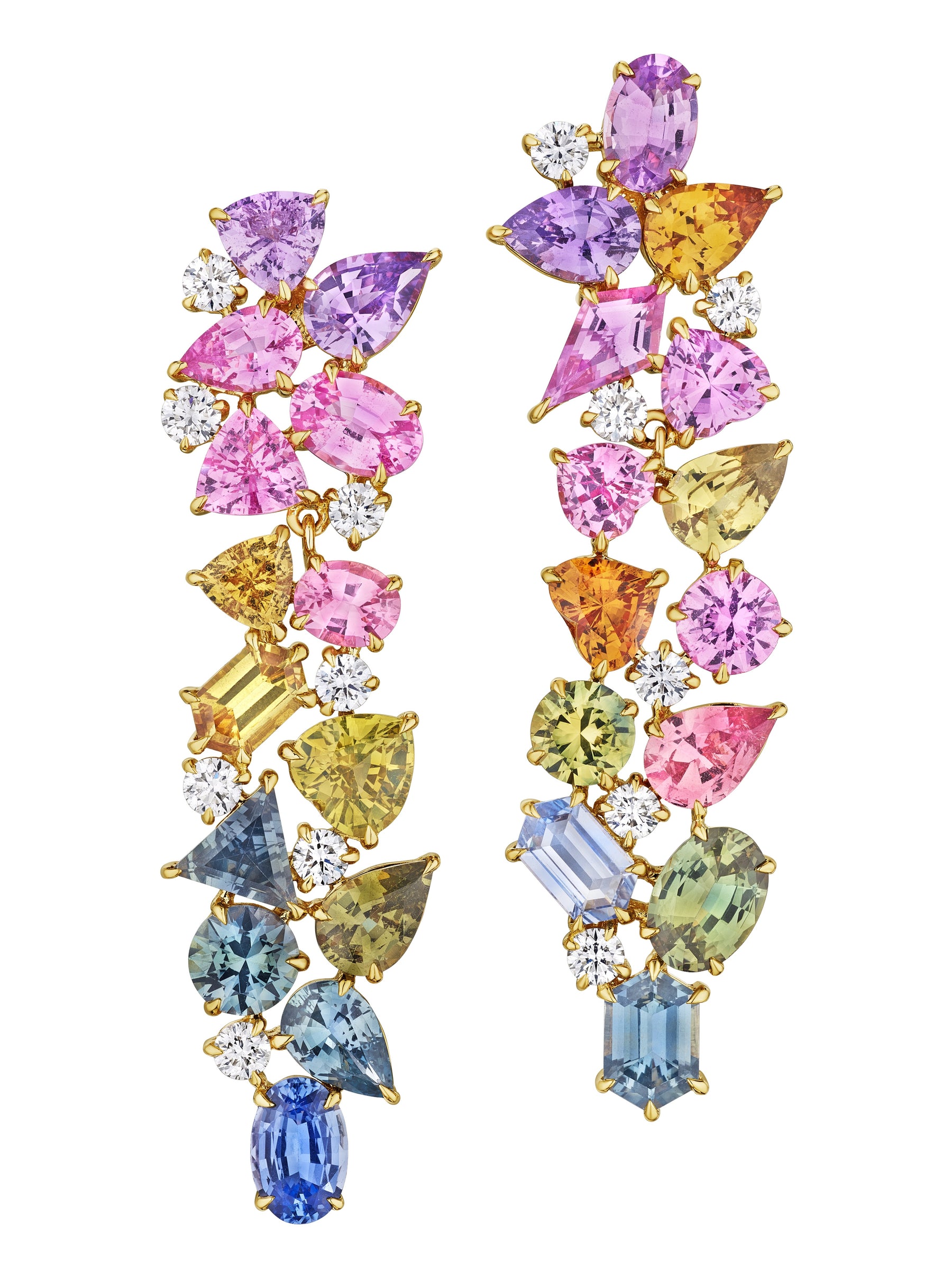 Chroma Kaleidoscope Drop Earrings in Yellow Gold with Mixed Shape Multicolor Sapphires and Diamonds