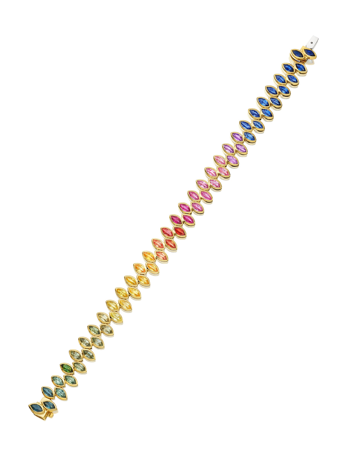 Chroma Marching Alternating Bezel Set Marquise Sapphire Tennis Bracelet in Yellow Gold