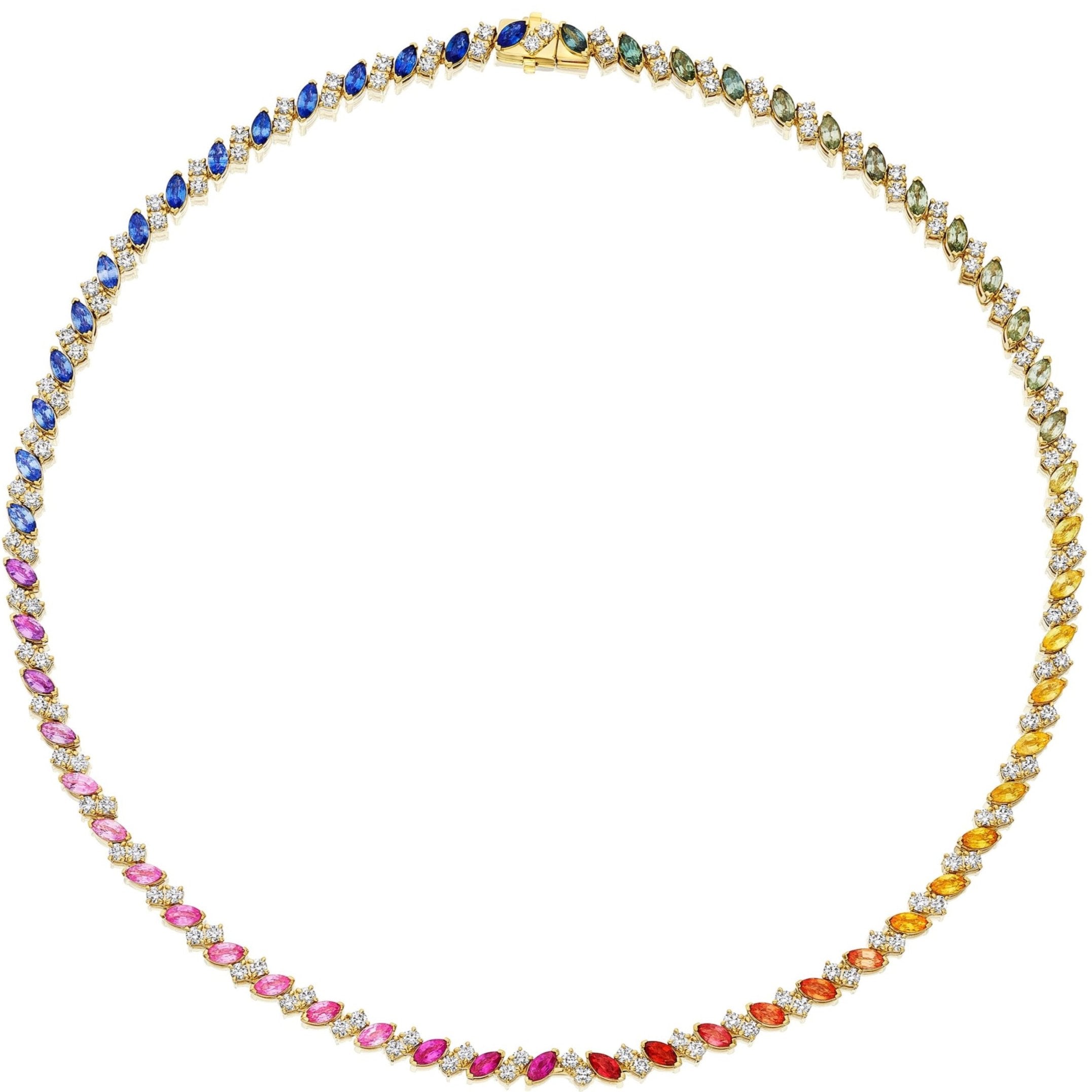 The Chroma Match Point Multicolor Tennis Necklace in yellow gold showcases marquise sapphires in a rainbow gradient and round diamonds—an exquisite, continuous row of vibrant fine jewelry.