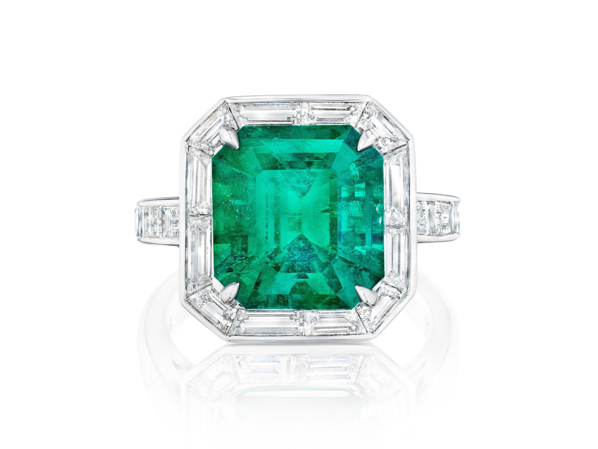 Mosaic Asscher Cut Emerald and Baguette Diamond Cocktail Ring in Platinum