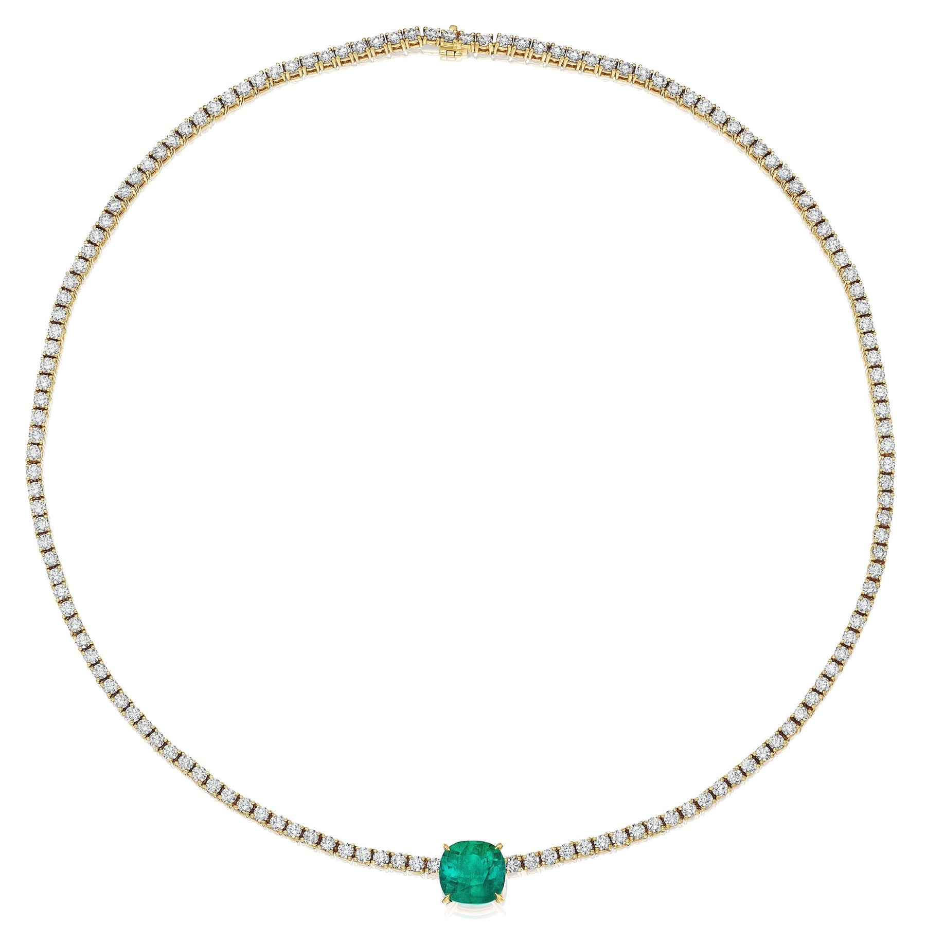 Classic Tennis Necklace with Cushion Cut Emerald in Yellow Gold