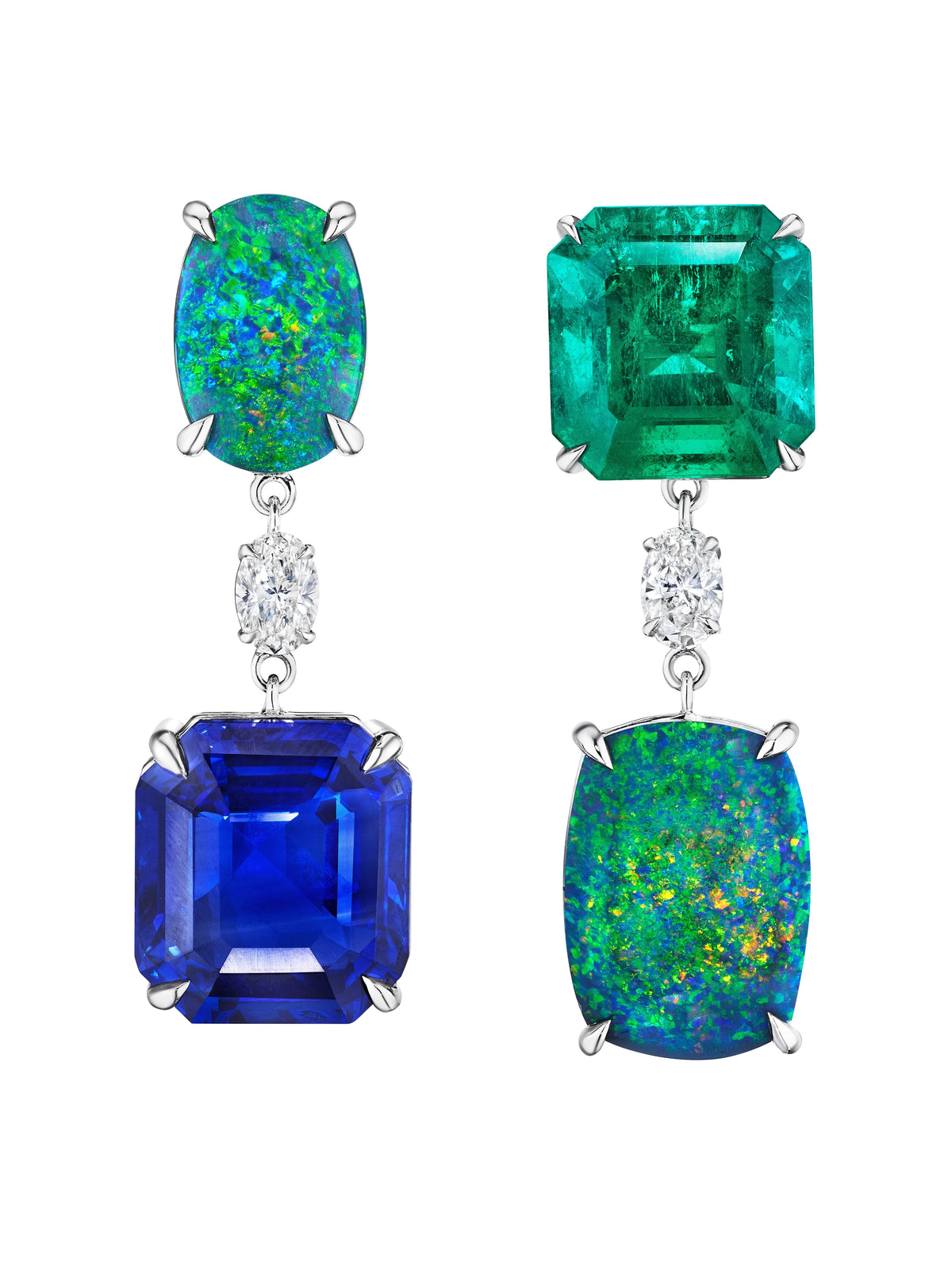 Drop Earrings in White Gold with Asscher Cut Sapphire and Emerald, Oval Opals and Diamonds