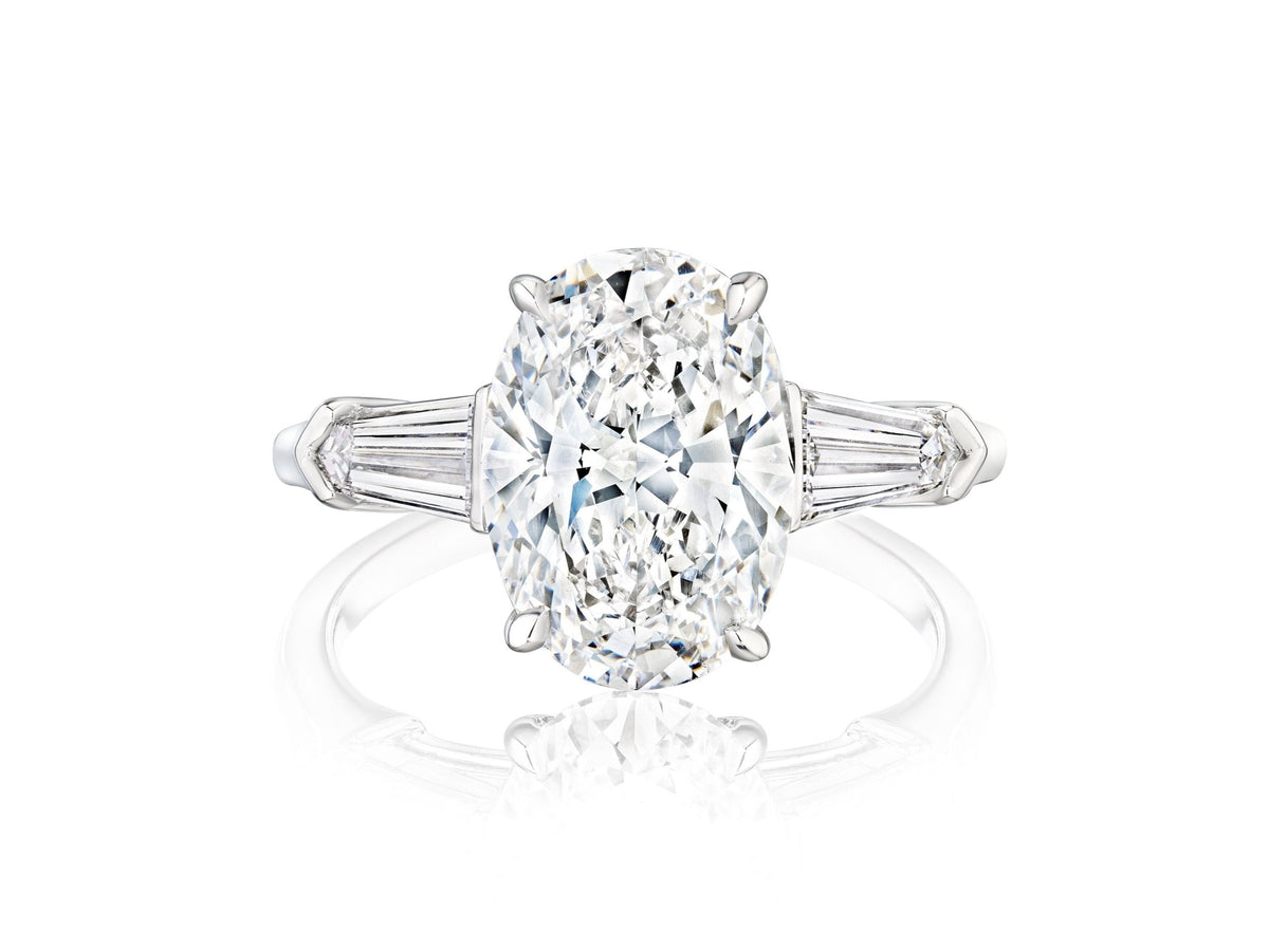 Oval Shape Diamond Engagement Ring with Tapered Baguette Side Stones