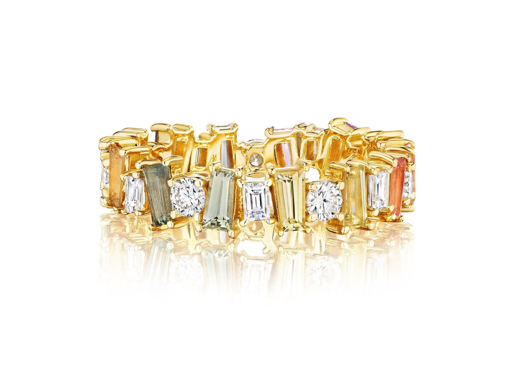 Multicolor Eternity Band in Yellow Gold with Tapered Baguette Sapphires and Round Diamonds