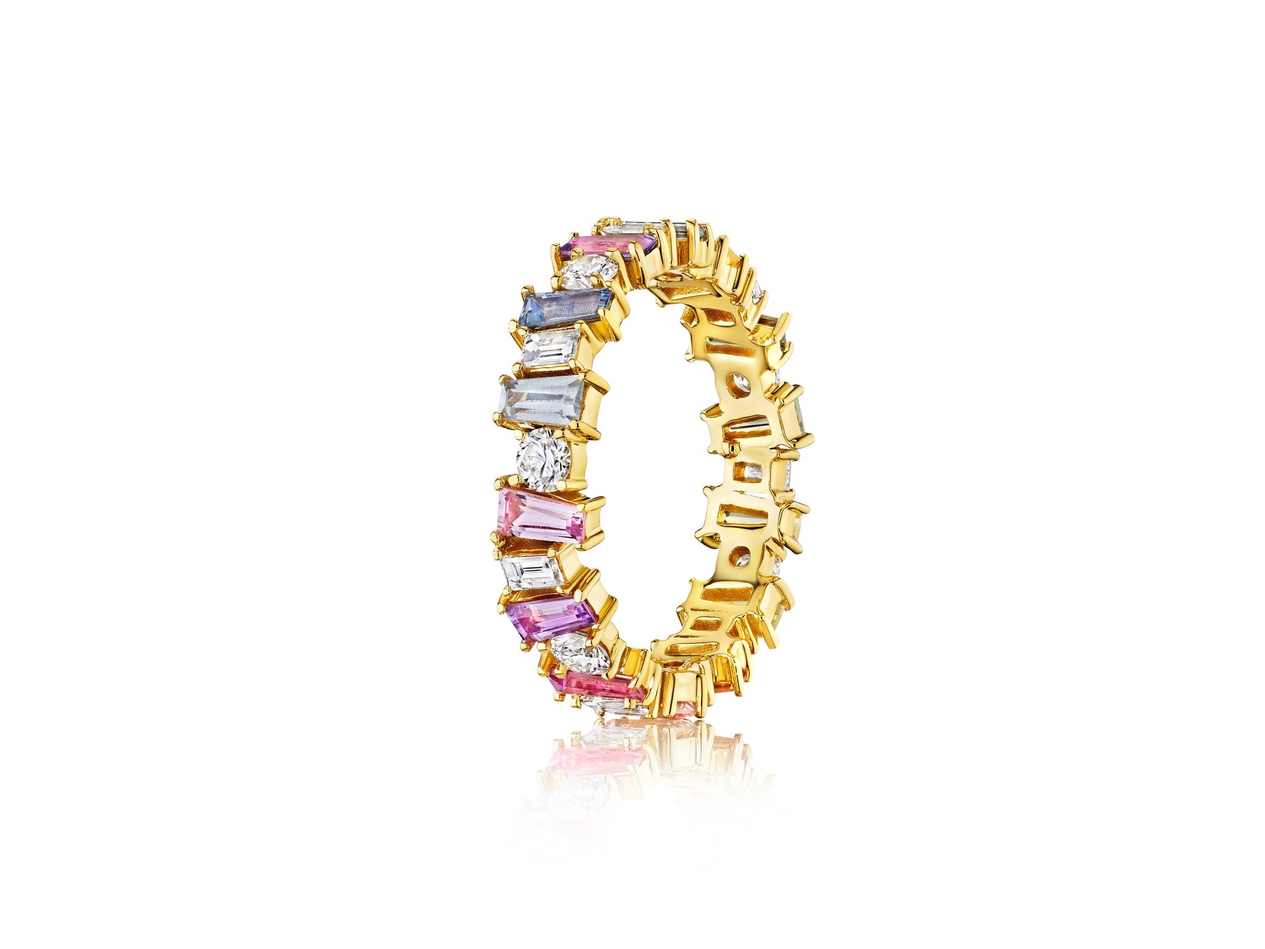 Multicolor Eternity Band in Yellow Gold with Tapered Baguette Sapphires and Round Diamonds