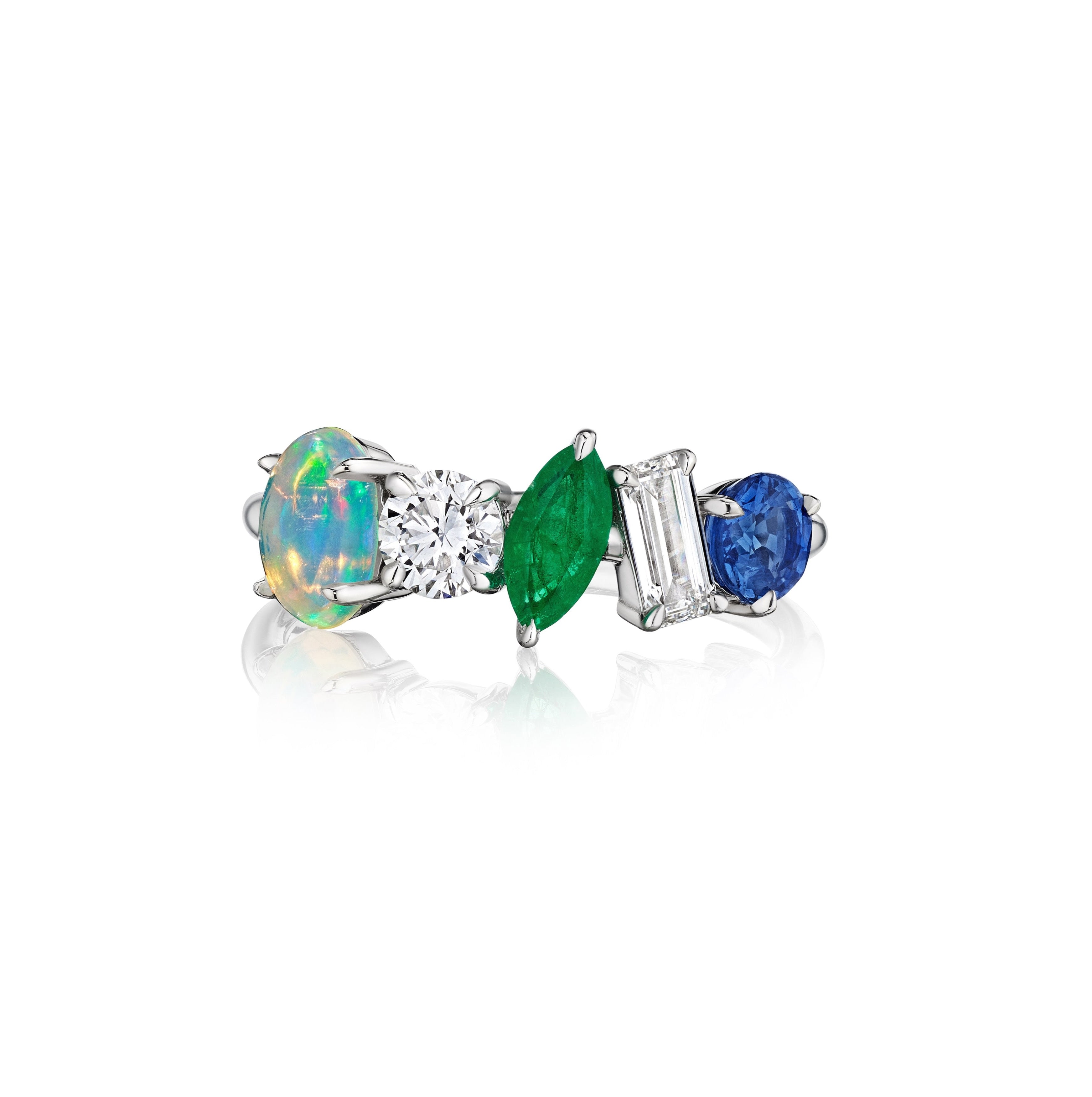The Mixed Shape Opal, Emerald, Diamond, and Sapphire Half-Eternity Band showcases vibrant gemstones set in a sleek 18K white gold band, pictured on a white background.