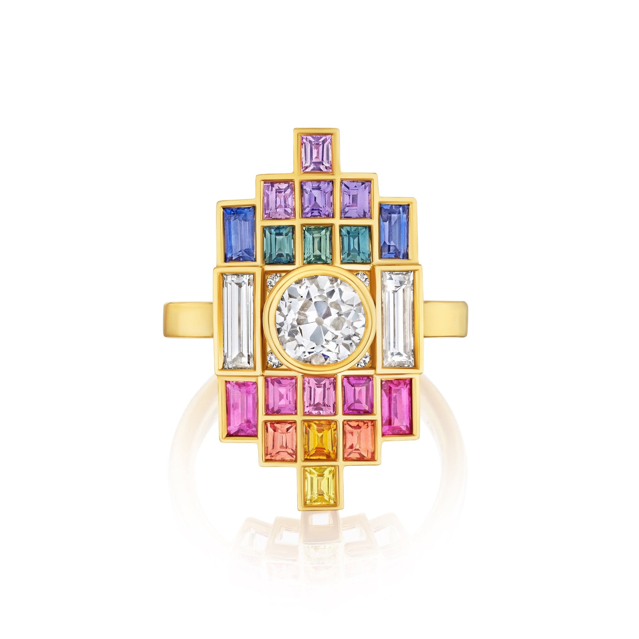 The Bespoke Art Deco Bezel Set Ring in yellow gold showcases a central diamond, bezel-set and accented with multicolor baguette cut sapphires in a striking geometric design.