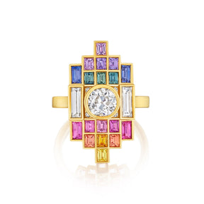 Bespoke Art Deco Bezel Set Ring in Yellow Gold with Multicolor Baguette Cut Sapphire and Diamond