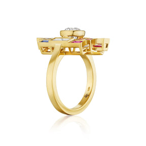 Bespoke Art Deco Bezel Set Ring in Yellow Gold with Multicolor Baguette Cut Sapphire and Diamond