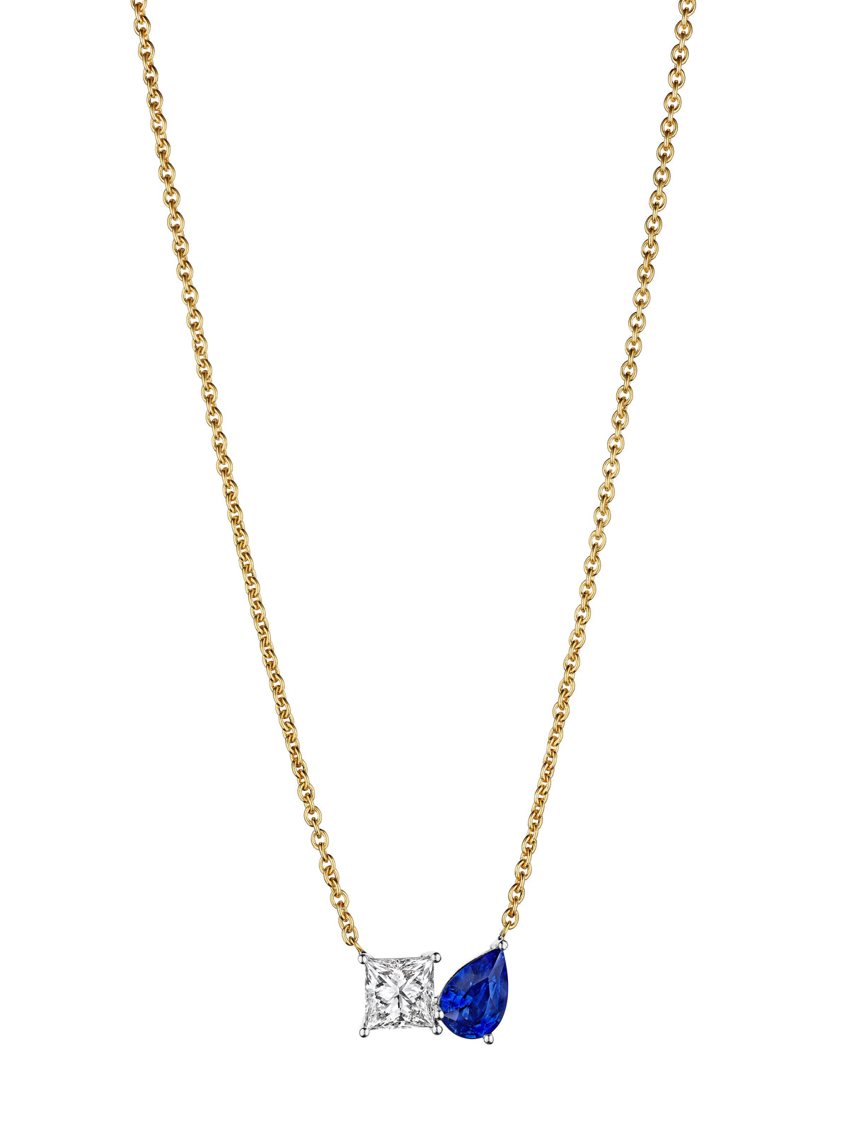 Princess Cut Diamond and Pear Shape Sapphire Toi et Moi Pendant Necklace in Yellow Gold