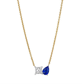 Princess Cut Diamond and Pear Shape Sapphire Toi et Moi Pendant Necklace in Yellow Gold