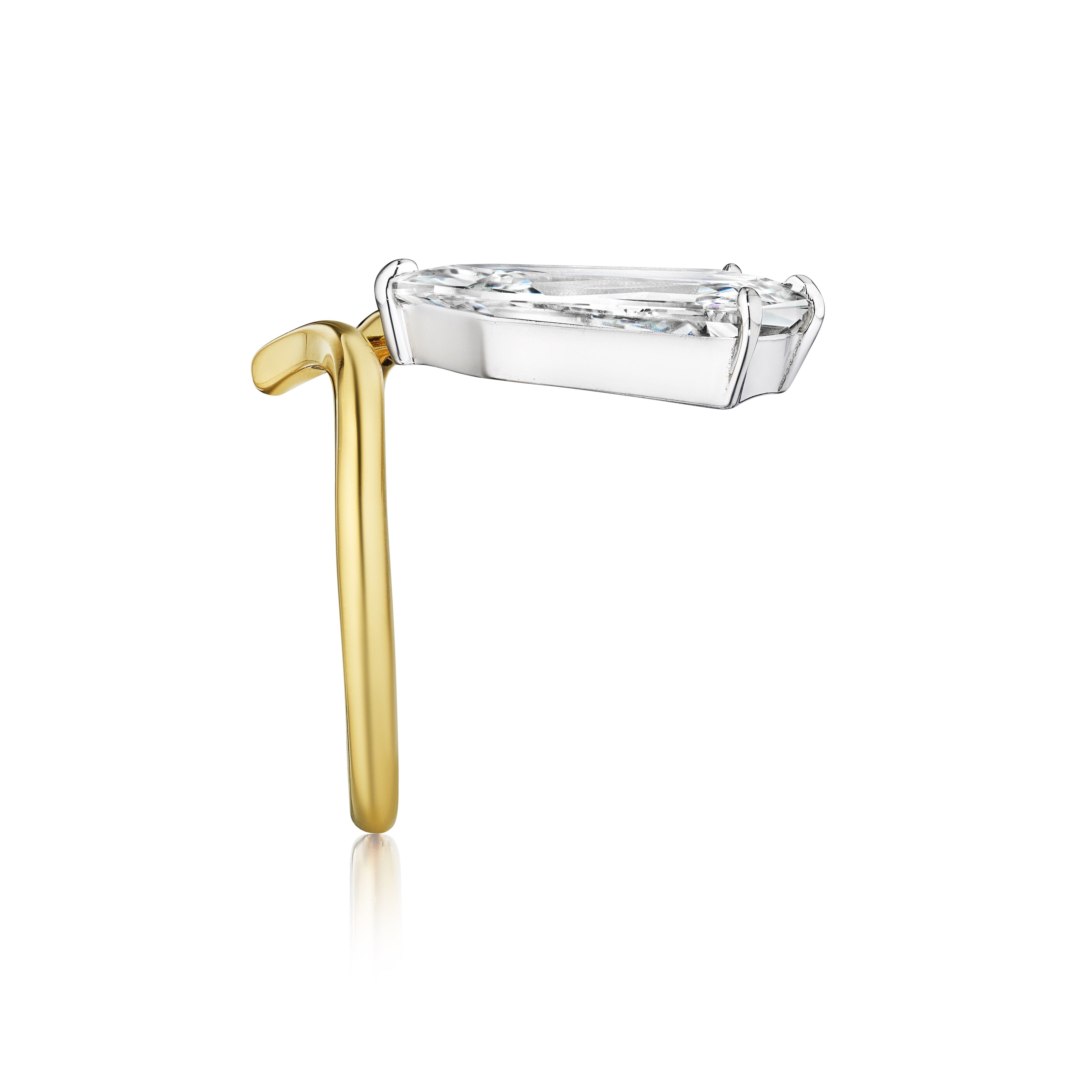 Side view of the Shield Diamond Perch Engagement Ring in yellow gold, showcasing an elongated clear shield diamond in a silver prong setting against a white background.