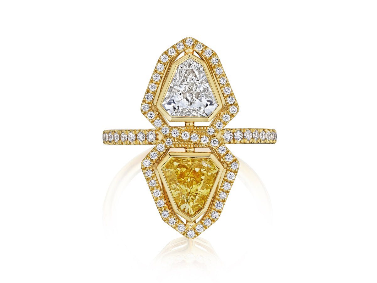 Yellow Diamond and White Diamond Double Shield Ring with Halo in Yellow Gold