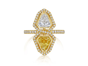 Yellow Diamond and White Diamond Double Shield Ring with Halo in Yellow Gold