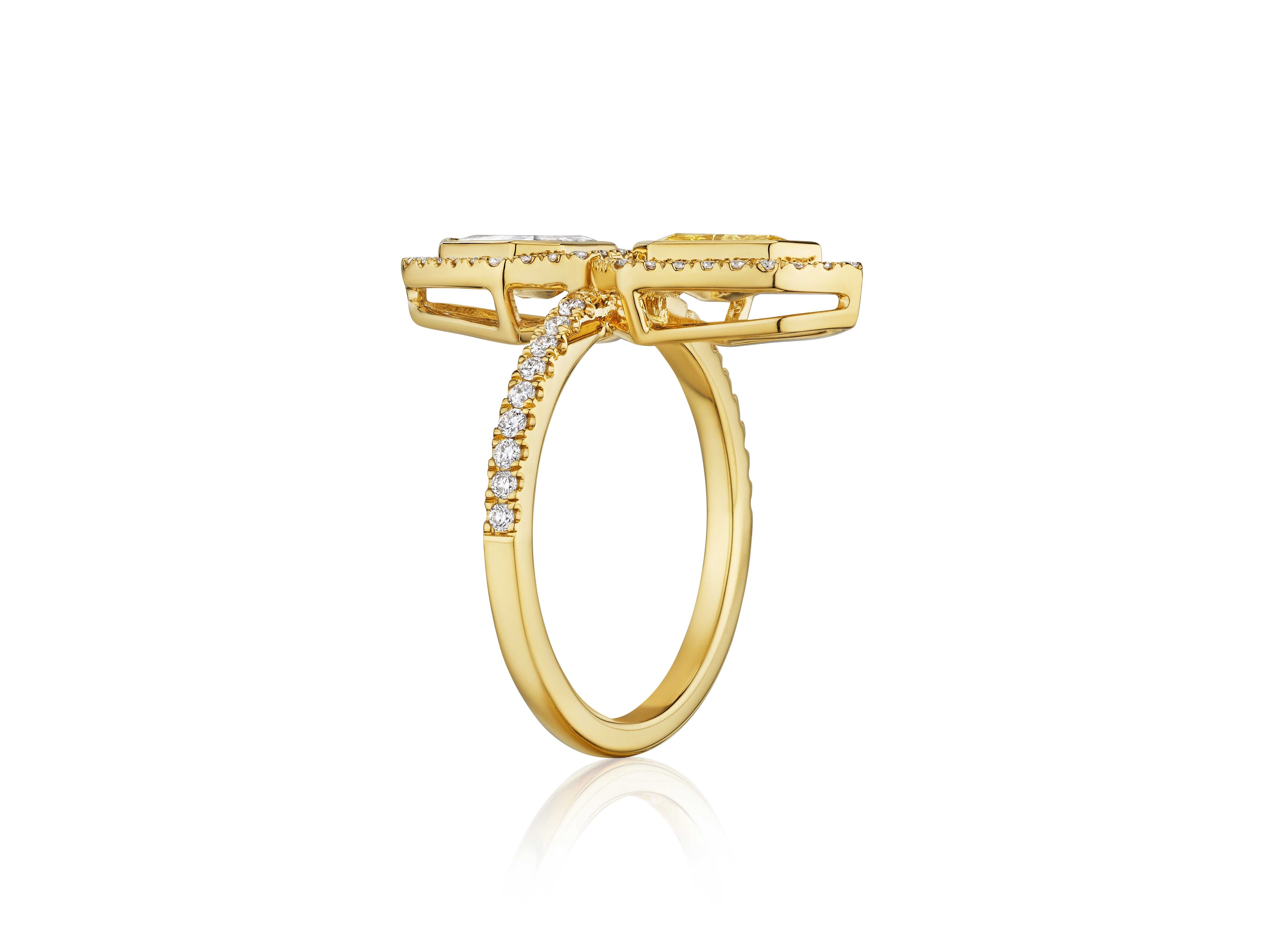 Side view of a Yellow Diamond and White Diamond Double Shield Ring with Halo in yellow gold, featuring a double halo setting and a row of small white diamonds along the band, displayed on a white background.