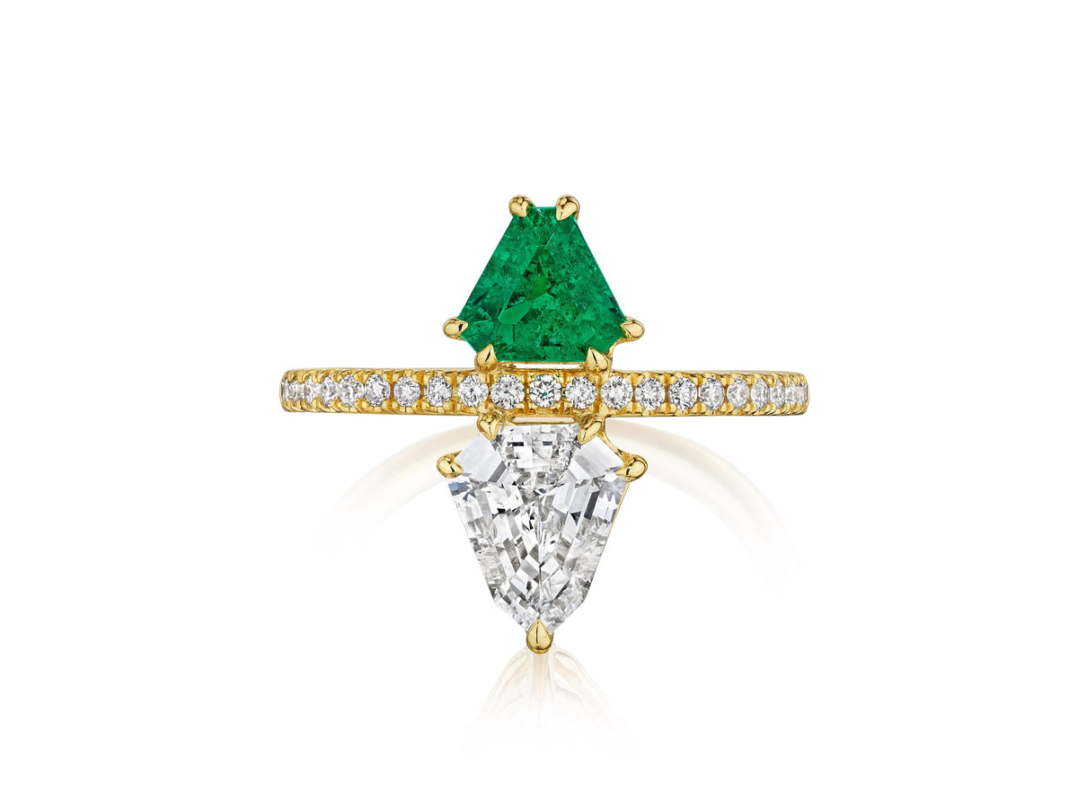 Emerald and Diamond Double Shield Ring in Yellow Gold