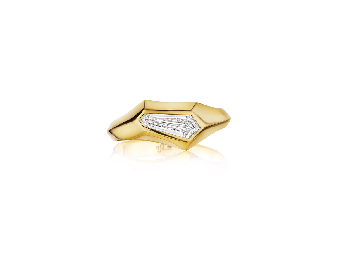 Bespoke Geometric Burnish Set Ring in Yellow Gold with Shield Cut Diamond