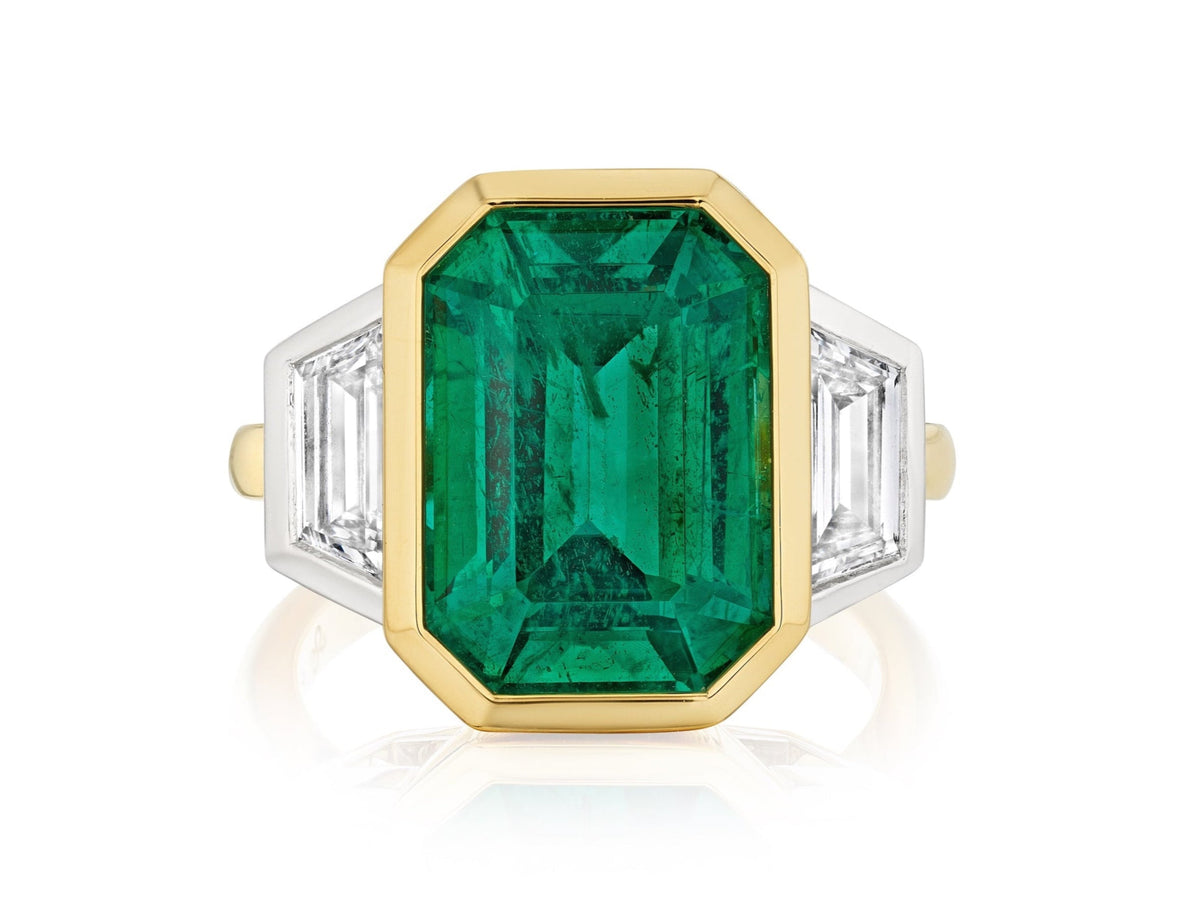 Bezel Set Emerald Cut Emerald Engagement Ring in Yellow Gold and Platinum with Trapezoid Baguette Diamond Side Stones