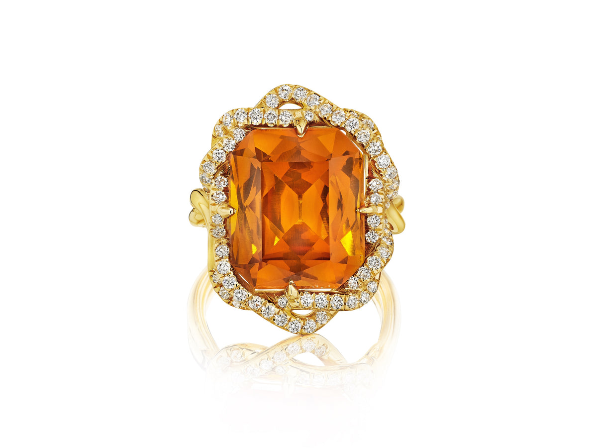 Bespoke North-South Prong Set Emerald Cut Citrine Cocktail Ring in Yellow Gold with Round Pavé Diamonds Twisted Double Halo