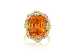 Bespoke North-South Prong Set Emerald Cut Citrine Cocktail Ring in Yellow Gold with Round Pavé Diamonds Twisted Double Halo