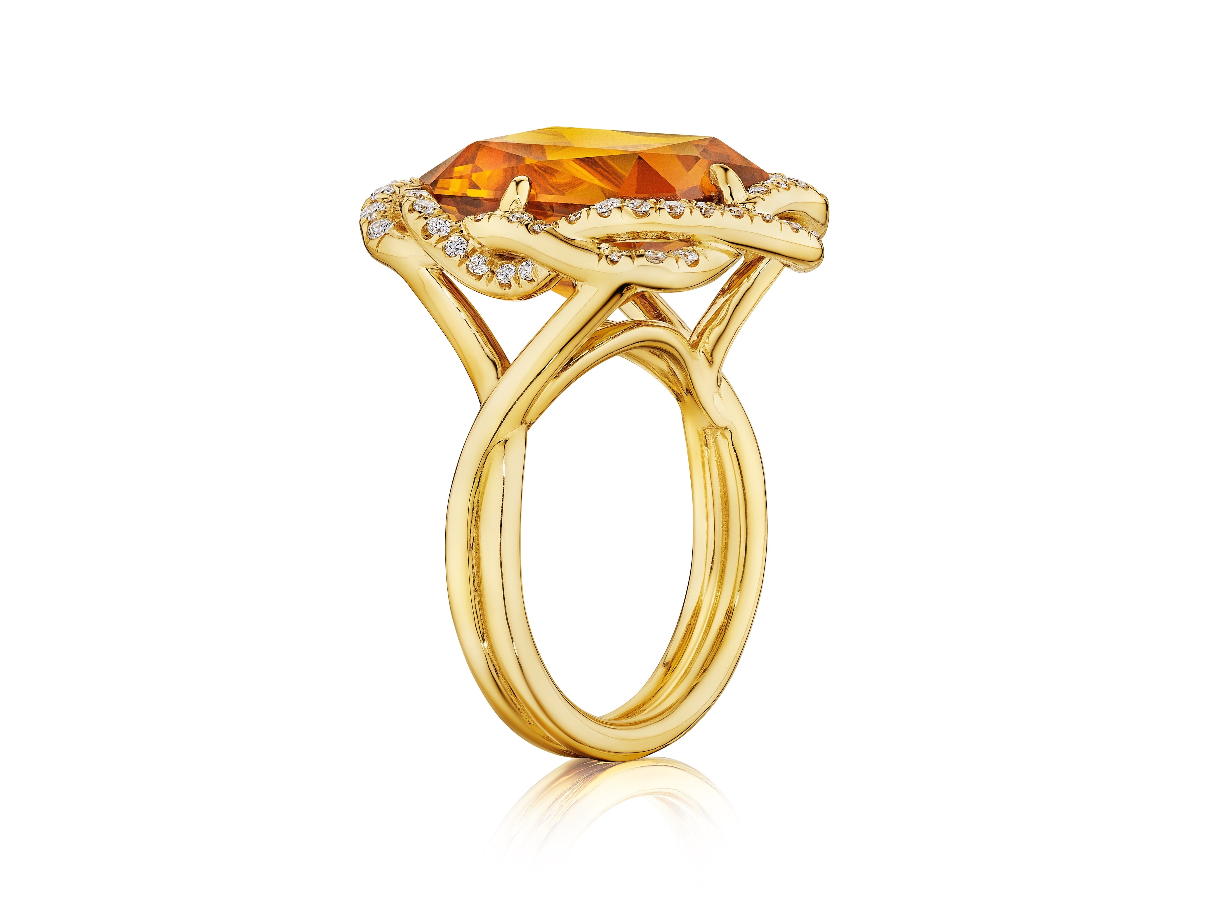The Bespoke North-South Prong Set Emerald Cut Citrine Cocktail Ring in yellow gold features a twisted double halo of round pavé diamonds, displayed on a white background.