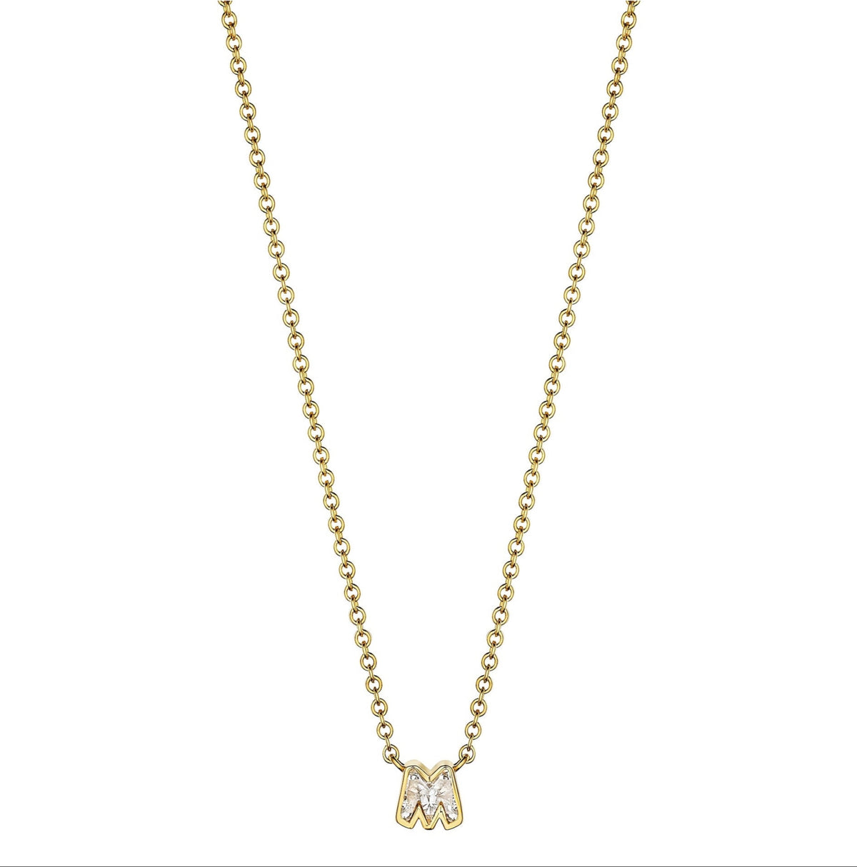Bezel Set 'M' Diamond Letter Pendant Necklace in Yellow Gold