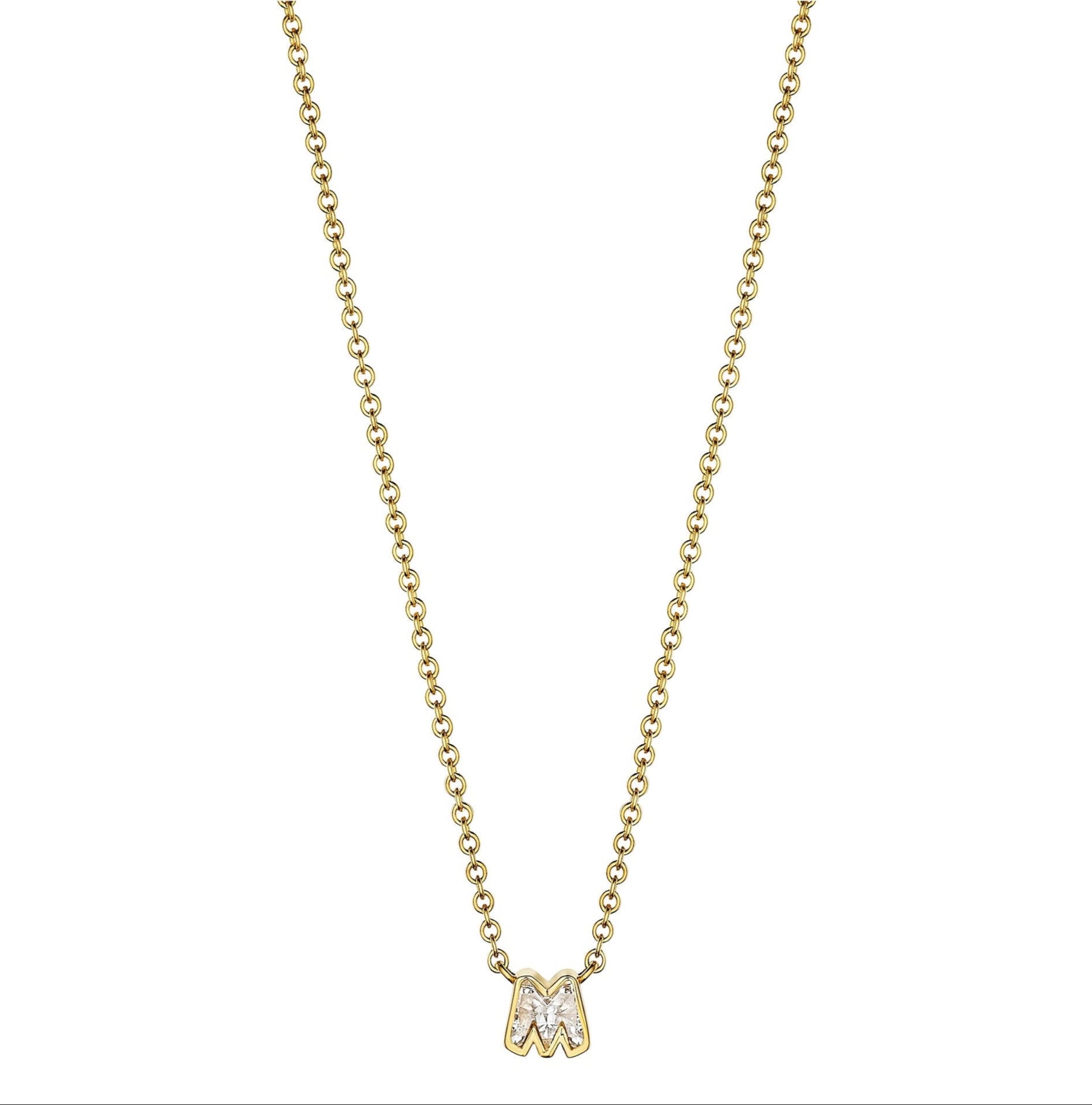 Bezel Set 'M' Diamond Letter Pendant Necklace in Yellow Gold