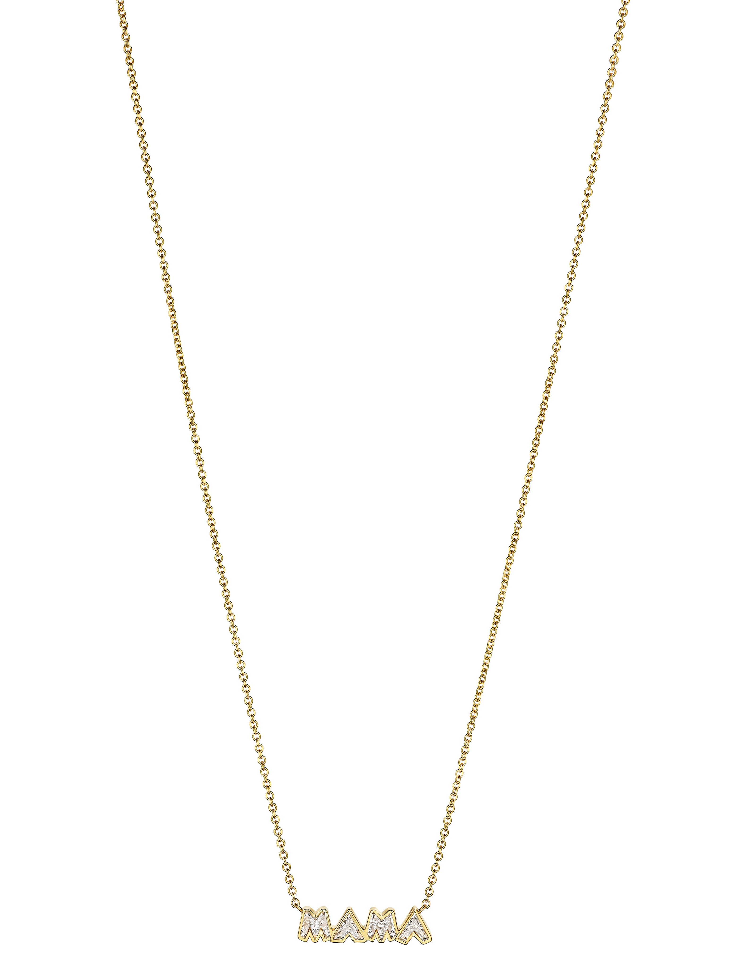 The Bezel Set "Mama" Diamond Pendant Chain Necklace in Yellow Gold features sparkling diamond letters on a delicate chain, creating an elegant centerpiece against any background.