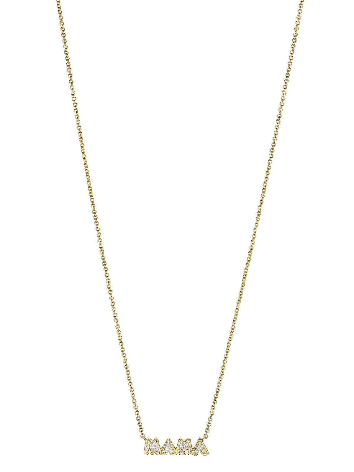 Bezel Set "Mama" Diamond Pendant Chain Necklace in Yellow Gold