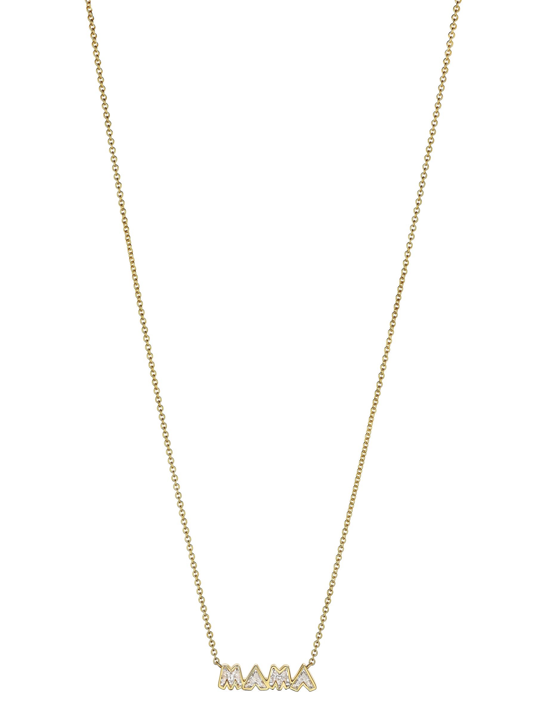 Bezel Set "Mama" Diamond Pendant Chain Necklace in Yellow Gold