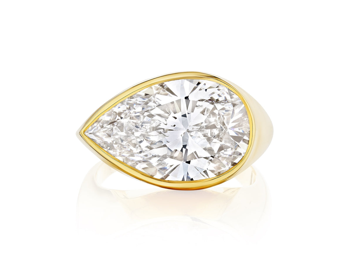 East-West Bezel Set Pear Shape Diamond Ring in Yellow Gold