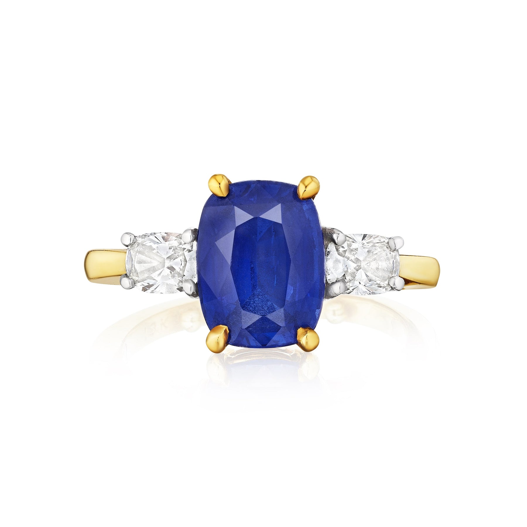 Cushion Cut Blue Sapphire Engagement Ring in Yellow Gold with Oval Diamond Side Stones