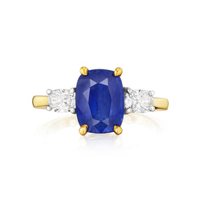 Cushion Cut Blue Sapphire Engagement Ring in Yellow Gold with Oval Diamond Side Stones