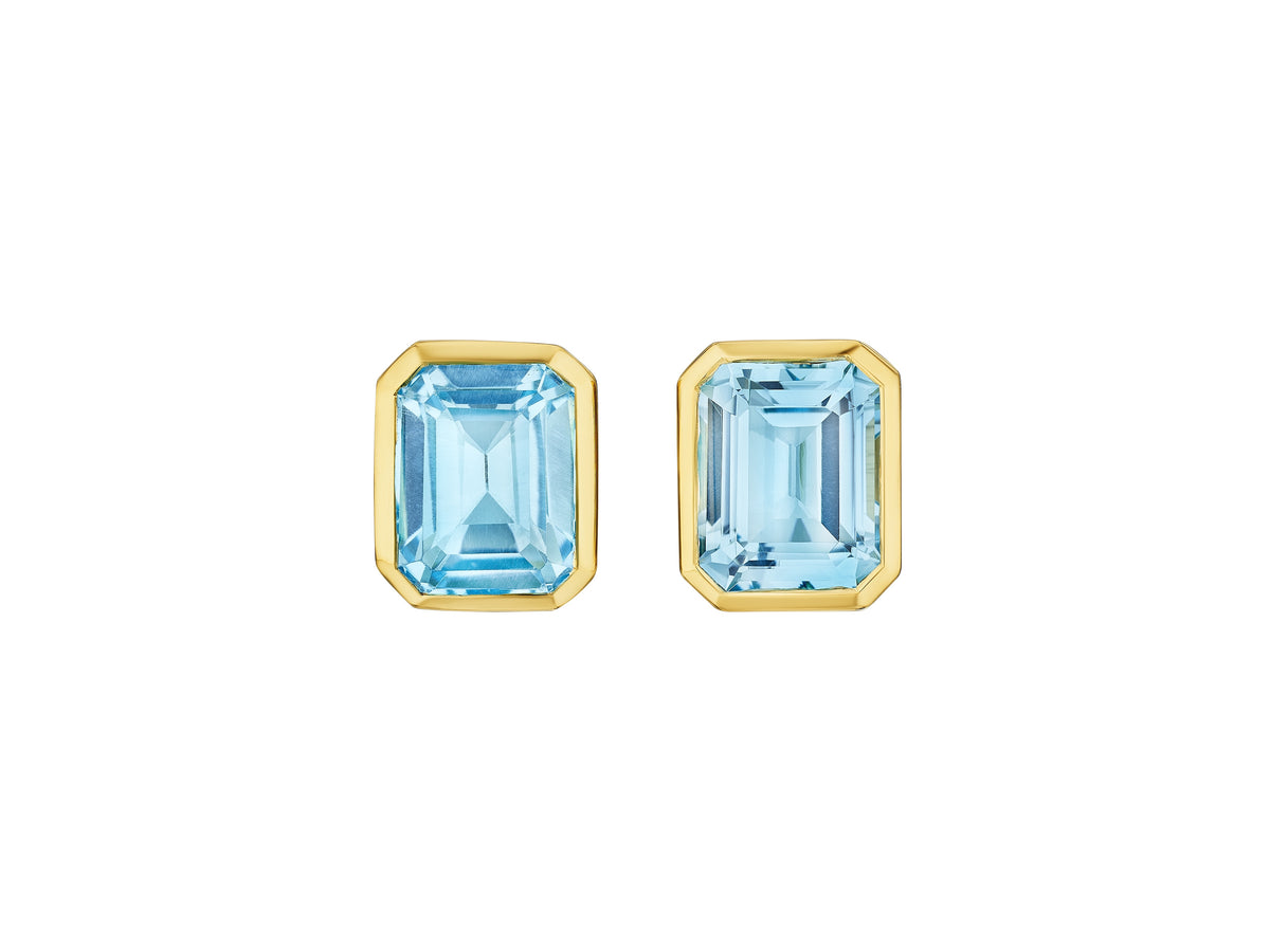 Bezel Set Emerald Cut Aquamarine Stud Earrings in Yellow Gold