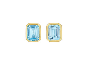 Bezel Set Emerald Cut Aquamarine Stud Earrings in Yellow Gold
