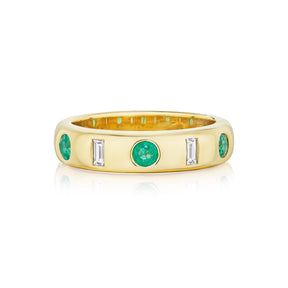 Bespoke Burnish Set Baguette Diamond and Round Emerald Band in Yellow Gold