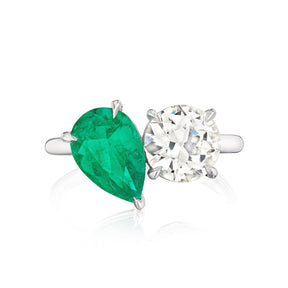 Bespoke Toi et Moi Pear Shape Emerald and Round Diamond Engagement Ring in White Gold