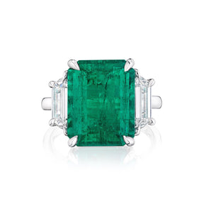 Bespoke Emerald Cut Colombian Emerald Engagement Ring in White Gold with Trapezoid Baguette Side Stones