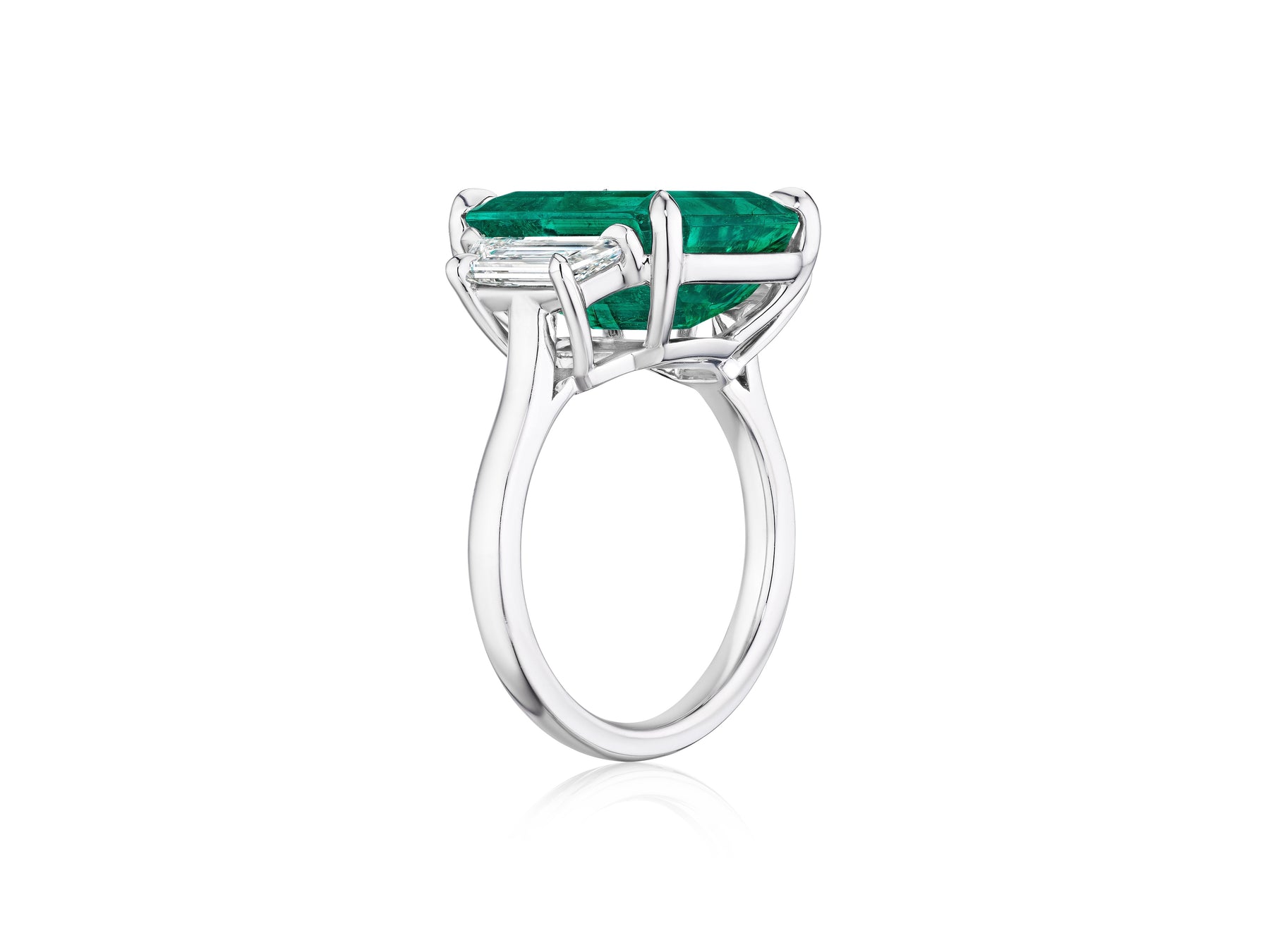 Bespoke Emerald Cut Colombian Emerald Engagement Ring in White Gold with Trapezoid Baguette Side Stones
