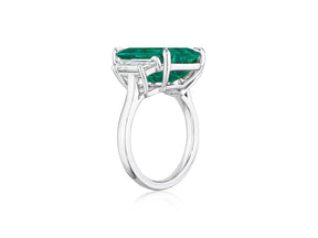 Bespoke Emerald Cut Colombian Emerald Engagement Ring in White Gold with Trapezoid Baguette Side Stones