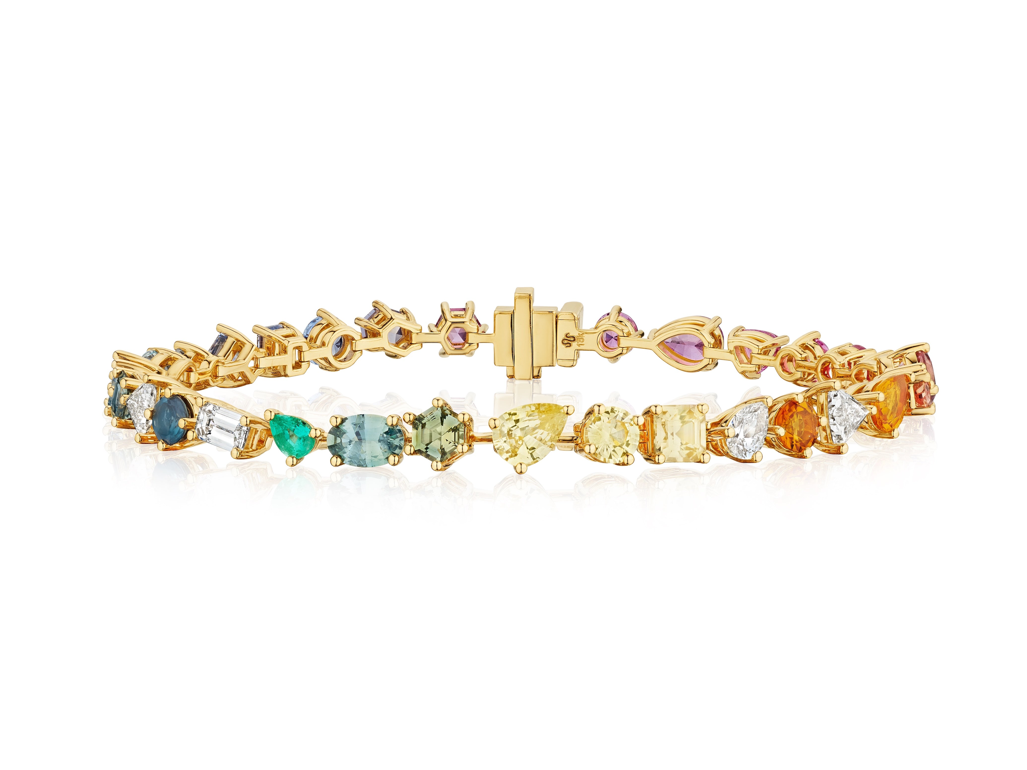 The Bespoke Mixed Shape Multicolor Sapphire and Diamond Tennis Bracelet in Yellow Gold showcases an array of vibrant sapphires and diamonds in varied shapes, elegantly arranged around the band.