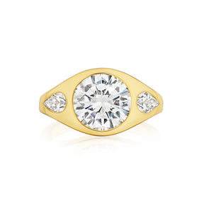 Bespoke Burnish Set Gypsy Ring with Round and Pear Shape Diamonds in Yellow Gold