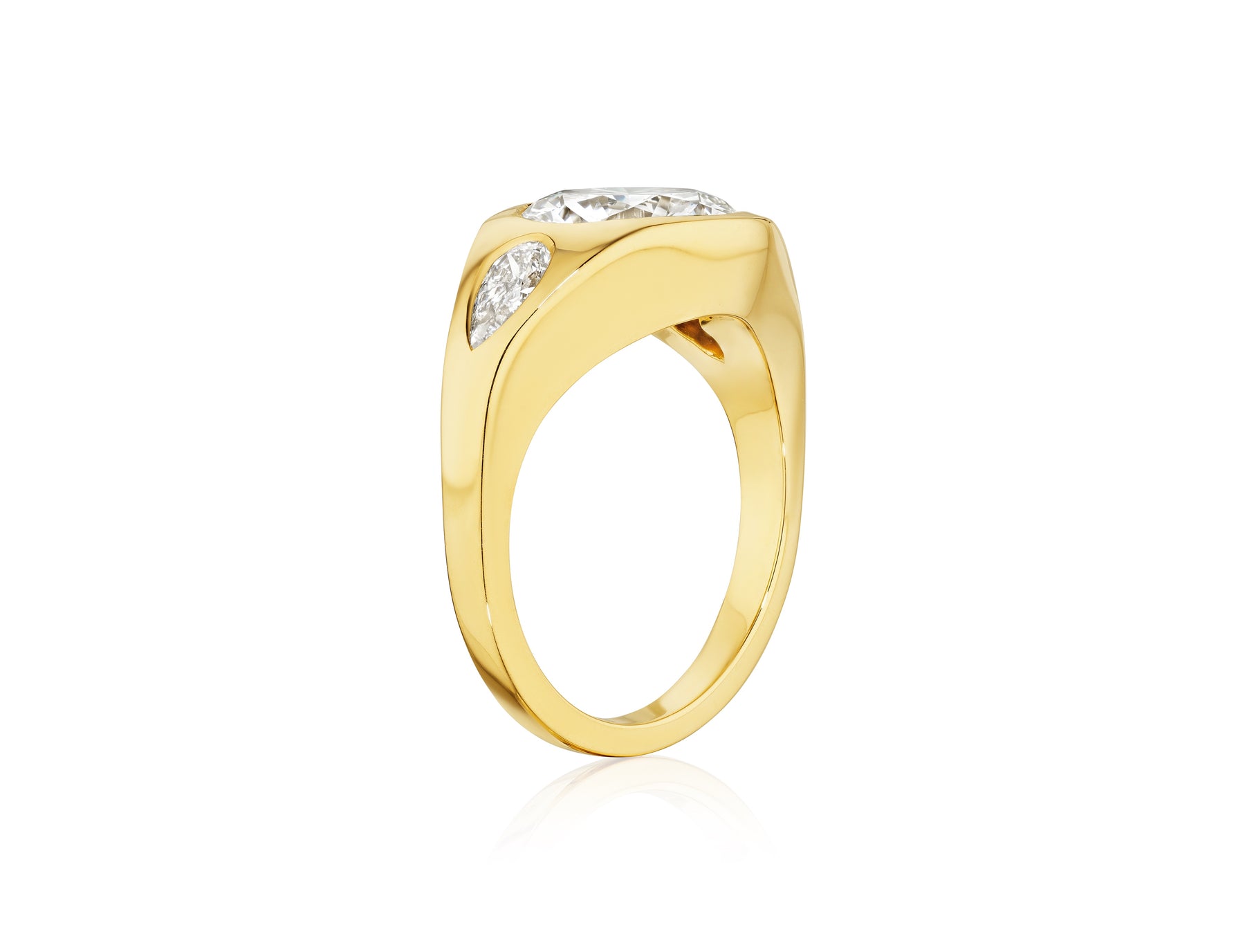 Bespoke Burnish Set Gypsy Ring with Round and Pear Shape Diamonds in Yellow Gold