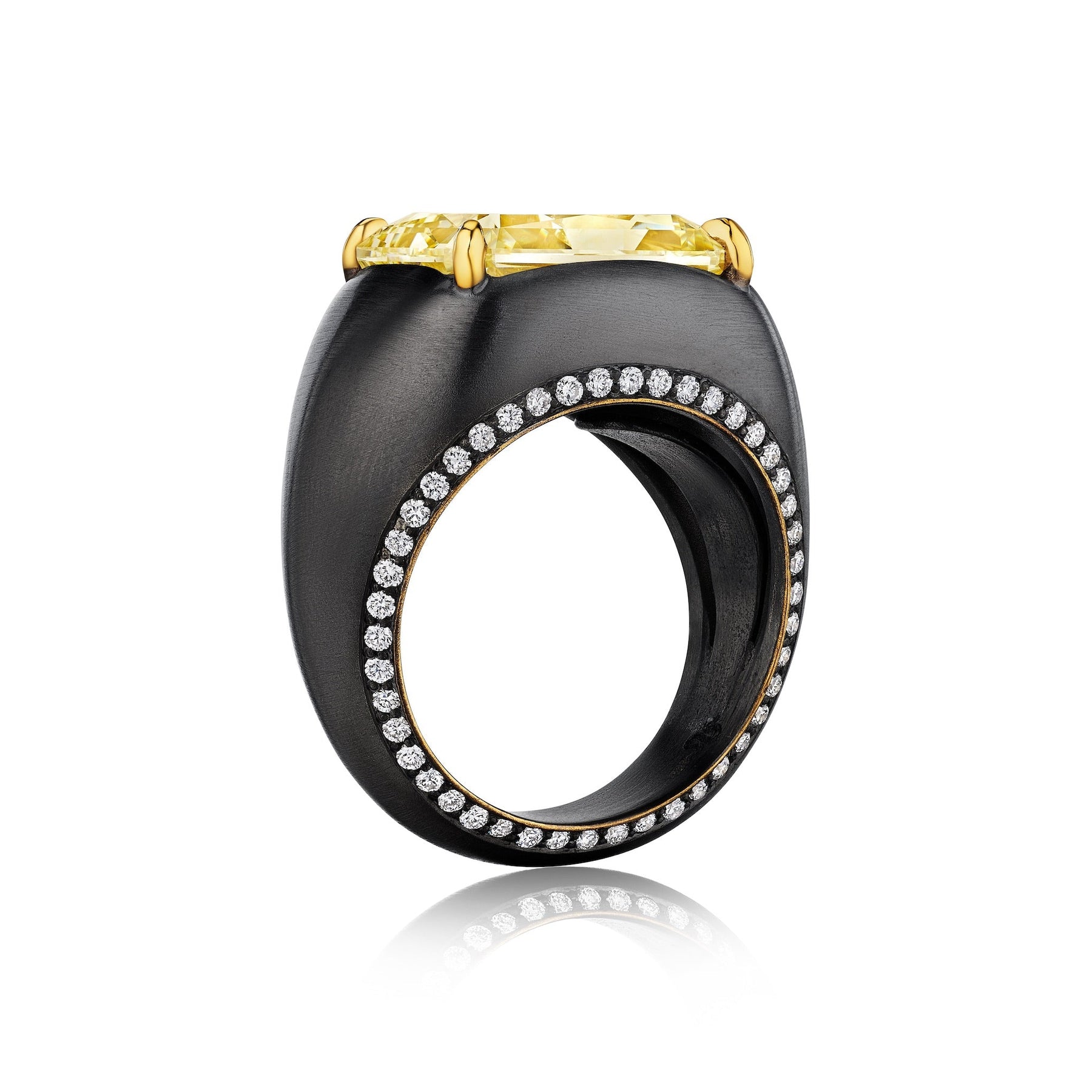 East-West Prong Set Radiant Cut Yellow Diamond Signet Ring in Black Rhodium